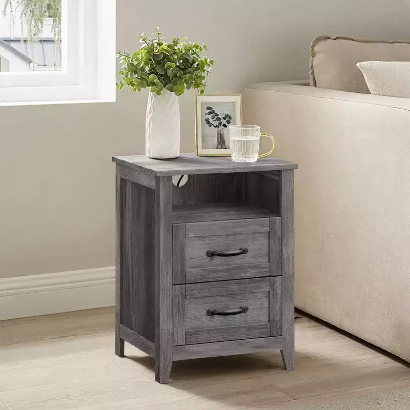 Lot de 2 tables de chevet de ferme avec port de chargement USB - Tables de nuit à 2 tiroirs, design rustique et moderne