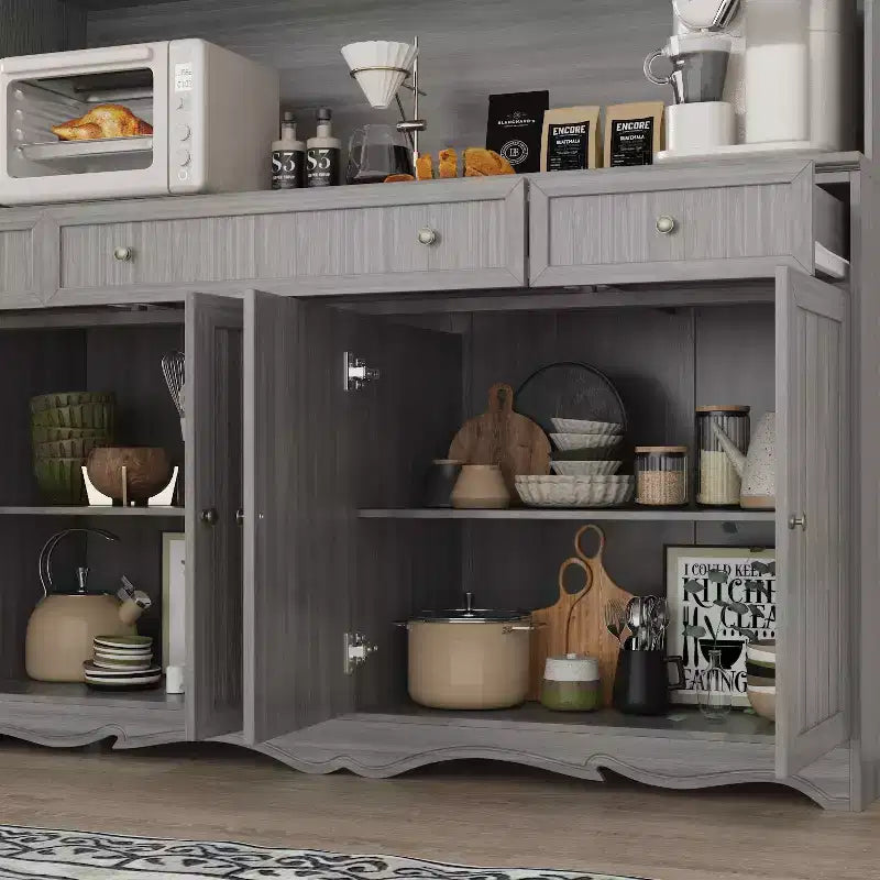 Famapy 61.2W Armoire de rangement grise Buffet Vaisselier de cuisine avec garniture de base ornée : Alliance d'élégance et d'utilité