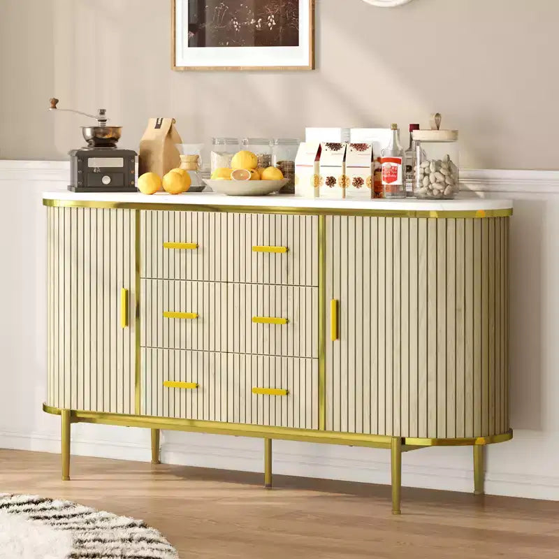 Buffet bas de ferme cannelé de 150 cm, meuble TV avec 6 tiroirs et 2 portes coulissantes, meuble de rangement polyvalent pour salon