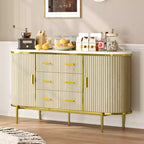 Buffet bas de ferme cannelé de 150 cm, meuble TV avec 6 tiroirs et 2 portes coulissantes, meuble de rangement polyvalent pour salon