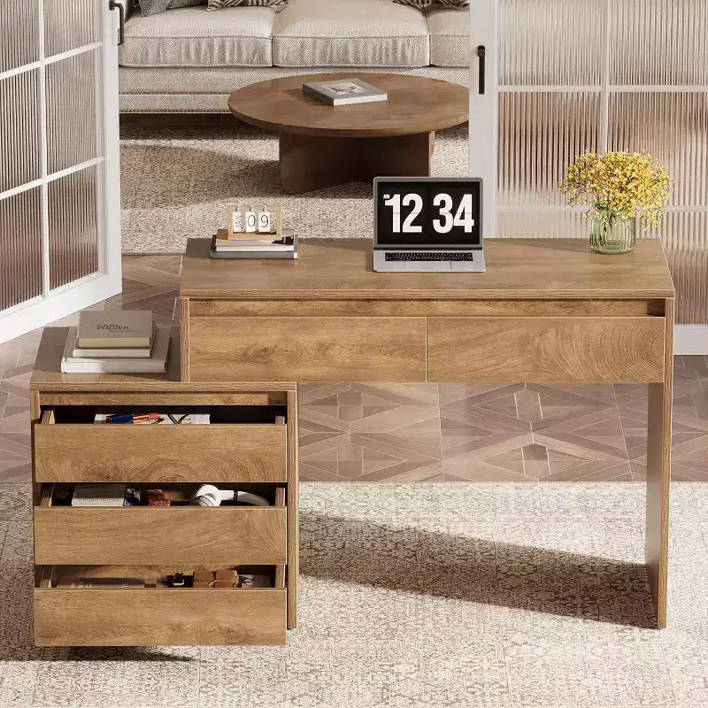 Bureau informatique Lantine avec 5 tiroirs, bureau de direction en bois avec meuble de classement et support pour imprimante pour bureau à domicile, petits espaces