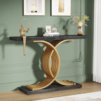 Table console moderne noire/dorée avec plateau en faux marbre, table d'entrée en bois de 99 cm avec pieds métalliques géométriques