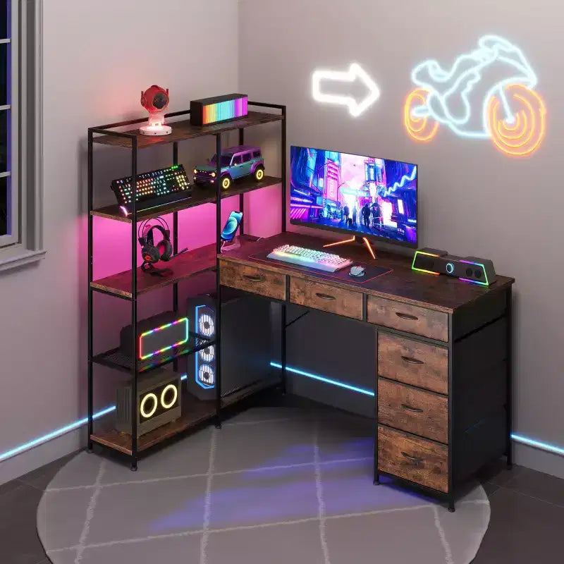 Bureau d'ordinateur en L de 120 cm avec 6 tiroirs et 5 étagères, bureau de jeu d'angle réversible avec lumières LED et prises de courant