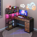 Bureau d'ordinateur en L de 120 cm avec 6 tiroirs et 5 étagères, bureau de jeu d'angle réversible avec lumières LED et prises de courant