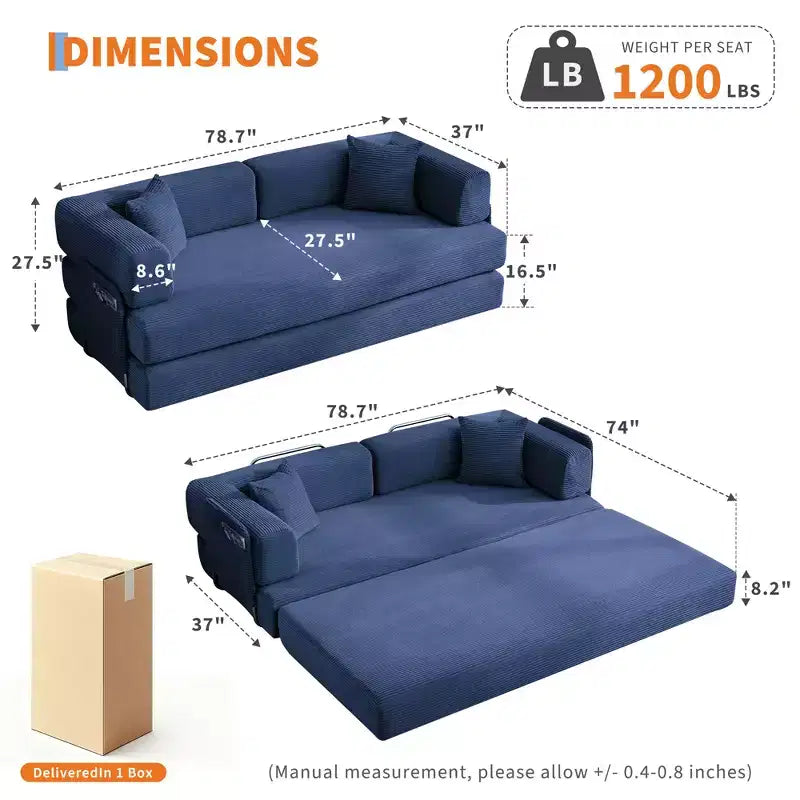 Canapé futon moderne en velours côtelé de 79 po pour petits espaces, canapé-lit convertible 5 en 1 avec accoudoirs et oreillers amovibles