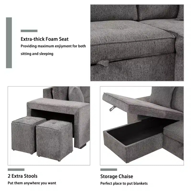Sectionnel réversible en L de 104,5 po avec chaise longue de rangement et 2 poufs – Canapé-lit convertible 3 places pour salon