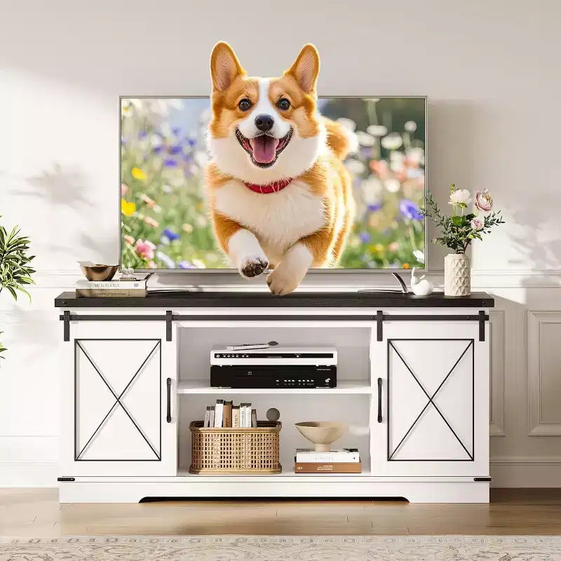 Meuble TV de style ferme pour téléviseurs jusqu'à 65 pouces, meuble de divertissement avec portes coulissantes de grange et armoires de rangement, console multimédia pour salon, chambre à coucher