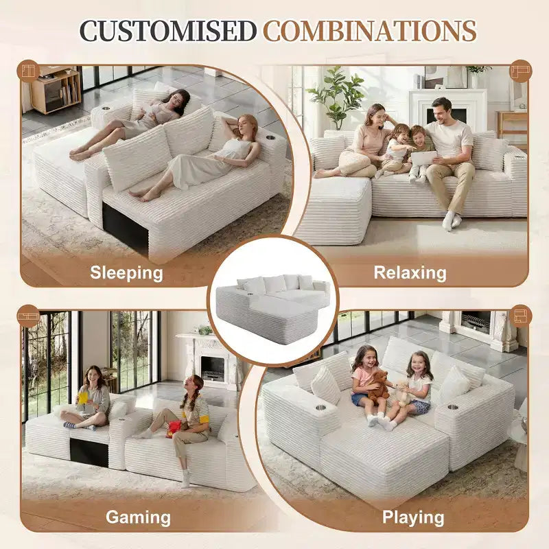 Celebalcony Canapé modulaire sans os 103, chaise longue en forme de L avec 2 porte-gobelets, canapés nuages moelleux en velours côtelé pour salon, aucun assemblage requis