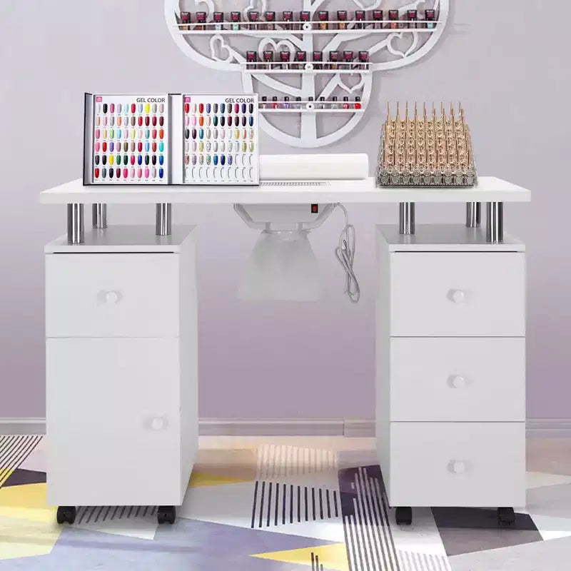 Table de manucure de 42,5 po en MDF blanc avec 3 tiroirs, rangement, portes et collecteur de poussière électrique