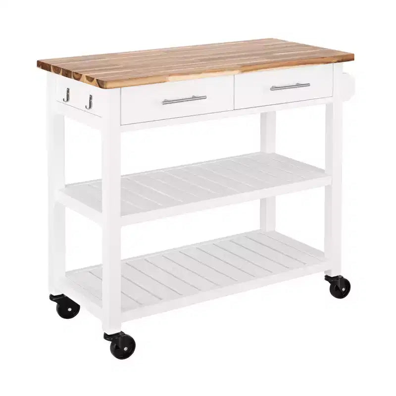 Desserte de cuisine roulante avec plateau en bois d'acacia, tiroirs, 97,5 cm L x 47 cm P, Blanc