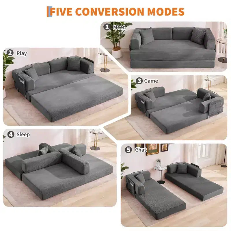 Canapé futon moderne en velours côtelé de 79 po pour petits espaces, canapé-lit convertible 5 en 1 avec accoudoirs et oreillers amovibles