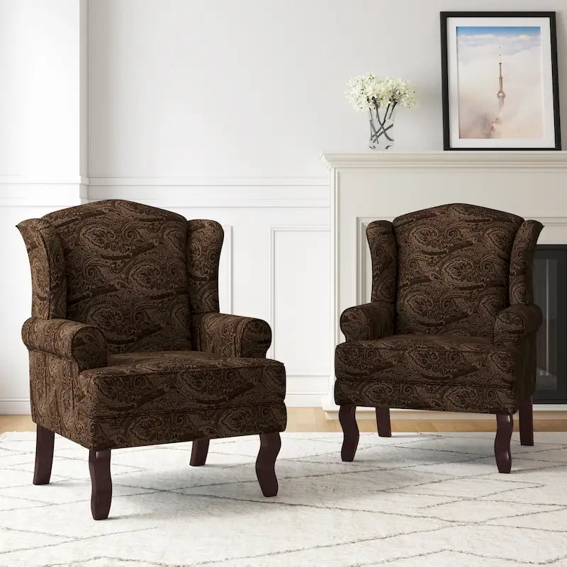 2 fauteuils d'appoint à dossier haut traditionnels, revêtus de tissu