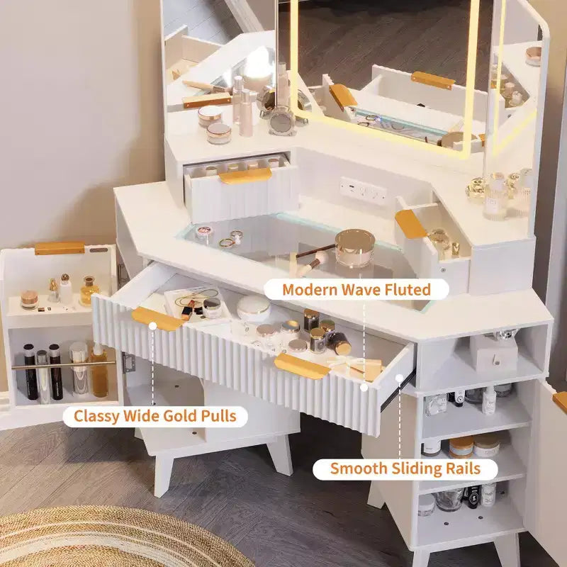 Coiffeuse d'angle 47 po avec miroir et lumière, table de maquillage en bois avec plateau en verre et station de charge, coiffeuse pour chambre à coucher