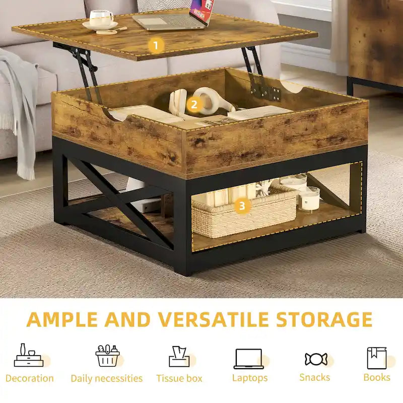 Table basse carrée à plateau relevable Moasis Farmhouse avec étagère de rangement pour salon
