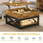 Table basse carrée à plateau relevable Moasis Farmhouse avec étagère de rangement pour salon