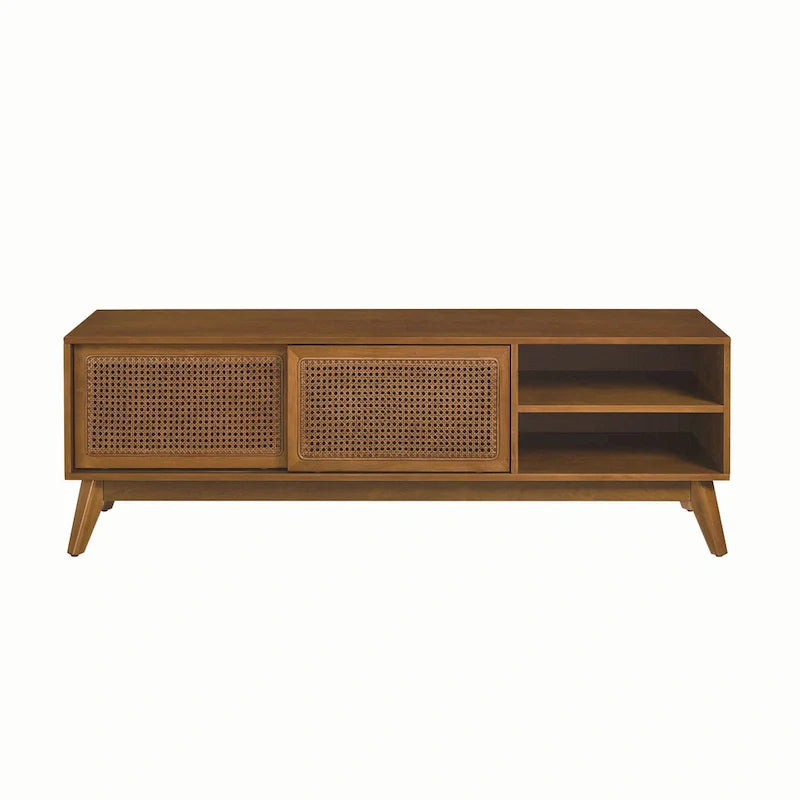 Meuble TV vintage en rotin avec 2 placards de rangement et 4 pieds en bois pour salon, chambre et bureau