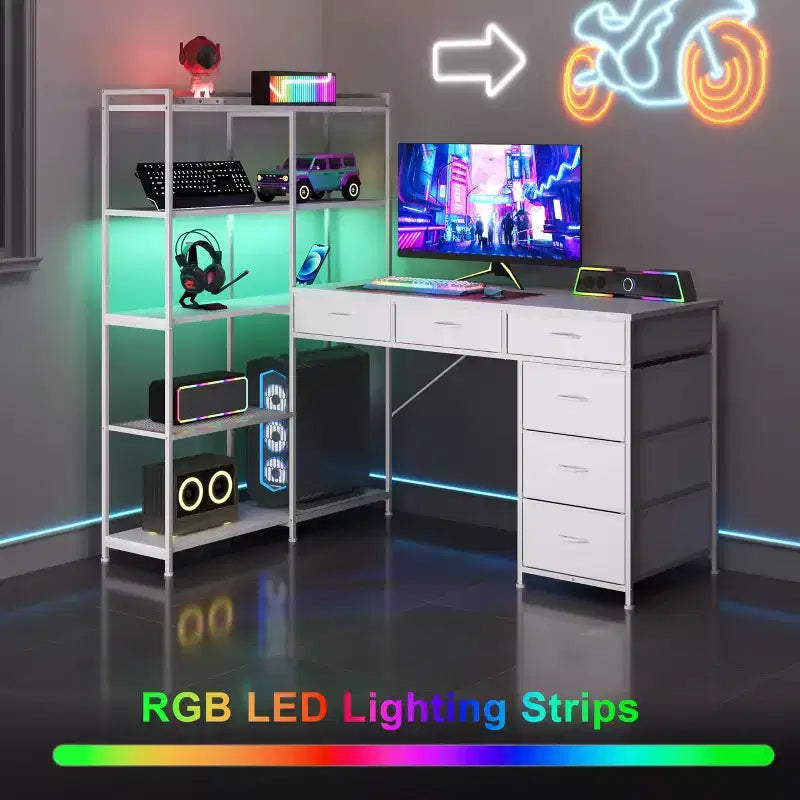 Bureau d'ordinateur en L de 120 cm avec 6 tiroirs et 5 étagères, bureau de jeu d'angle réversible avec lumières LED et prises de courant
