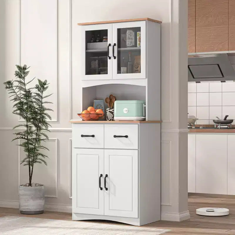 23 Armoires de cuisine en bois, armoire de garde-manger avec portes vitrées et tiroirs, étagères réglables, blanche