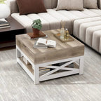 Table basse carrée à plateau relevable Moasis Farmhouse avec étagère de rangement pour salon