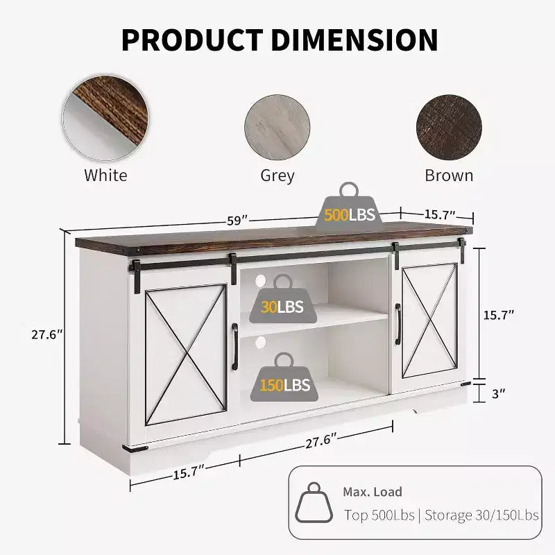 Meuble TV de style ferme pour téléviseurs jusqu'à 65 pouces, meuble de divertissement avec portes coulissantes de grange et armoires de rangement, console multimédia pour salon, chambre à coucher