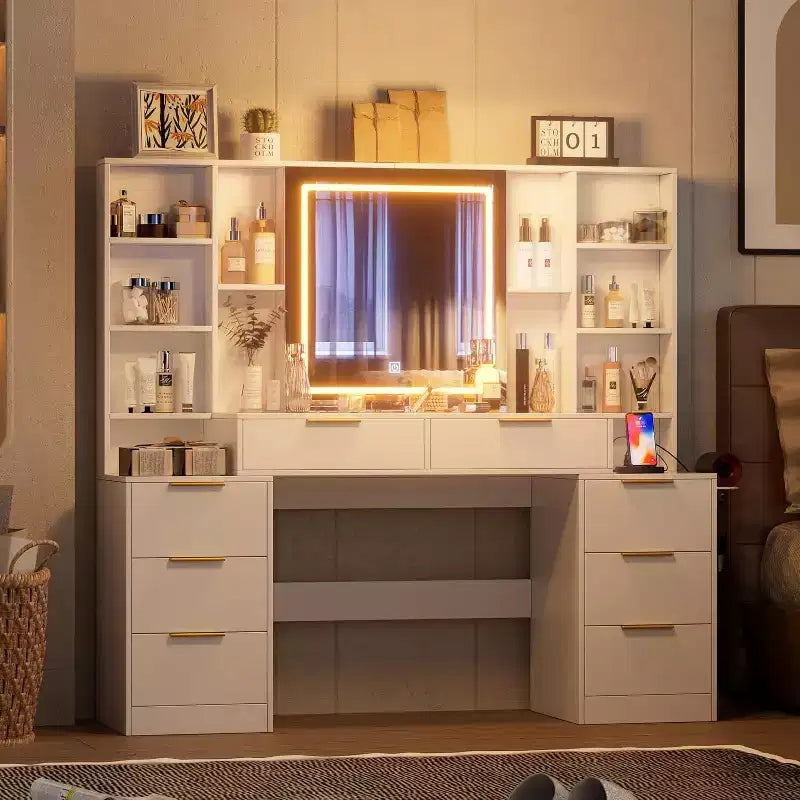 Coiffeuse de 59 pouces avec miroir lumineux, 8 tiroirs, étagères ouvertes pour chambre de fille, éclairage réglable, design gain de place