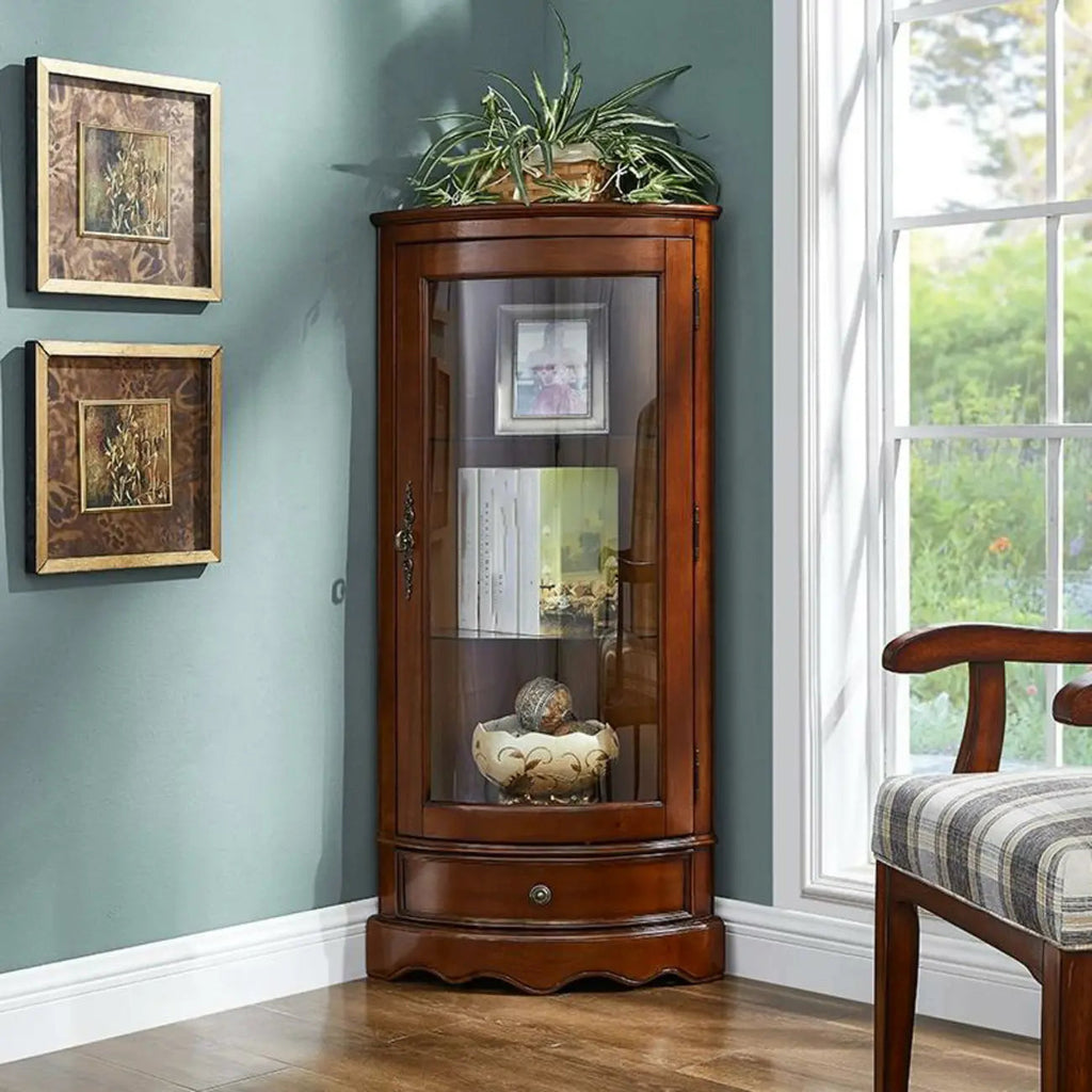 Meuble d'angle classique en bois d'hévéa marron avec porte vitrée