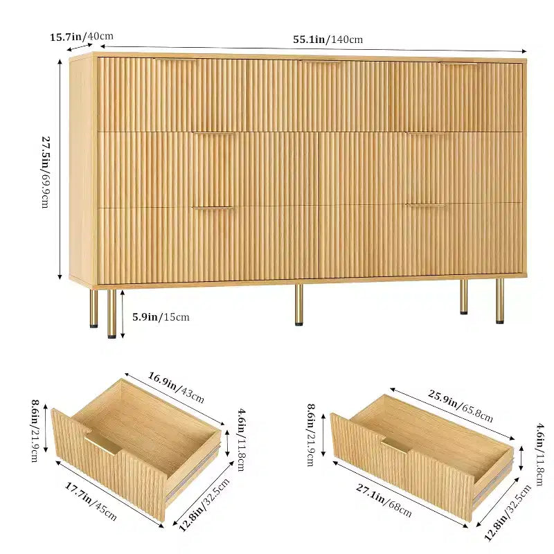 Commode cannelée à 7 tiroirs, Armoire de rangement moderne en bois, Meuble de chambre à coucher pour salon ou couloir