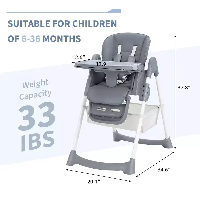 Chaise haute pliable pour bébés et tout-petits, chaise haute en cuir PU avec dossier réglable, hauteur d'assise, plateau amovible, harnais de sécurité 5 points et roues verrouillables