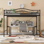 Lit mezzanine double avec échelle amovible et garde-corps de sécurité intégral, lit mezzanine double avec cadre en métal robuste d'une capacité de 180 kg, gain de place.