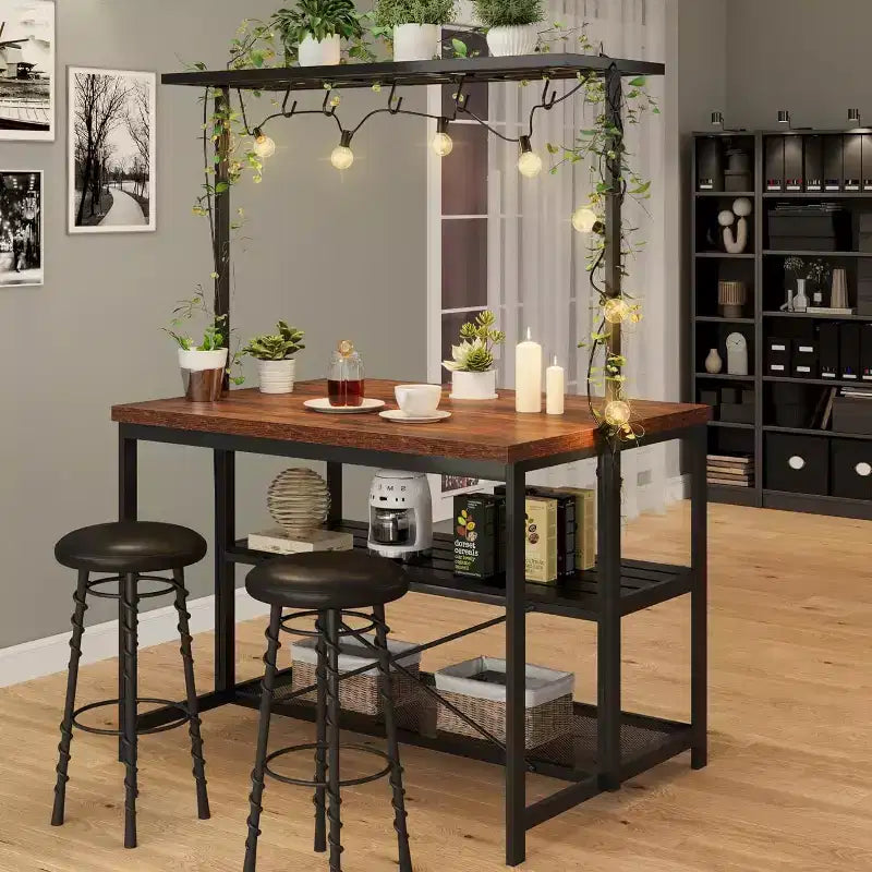 Îlot de cuisine avec rangement, étagère de boulanger, table d'îlot pour cuisine, étagère de micro-ondes à 3 niveaux, grande table de bar à café, étagère de rangement, 5 crochets