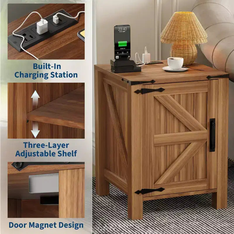 Lot de 2 tables de chevet de ferme avec station de recharge, table de nuit rustique avec porte de grange et étagère réglable, petite table d'appoint pour chambre et salon.