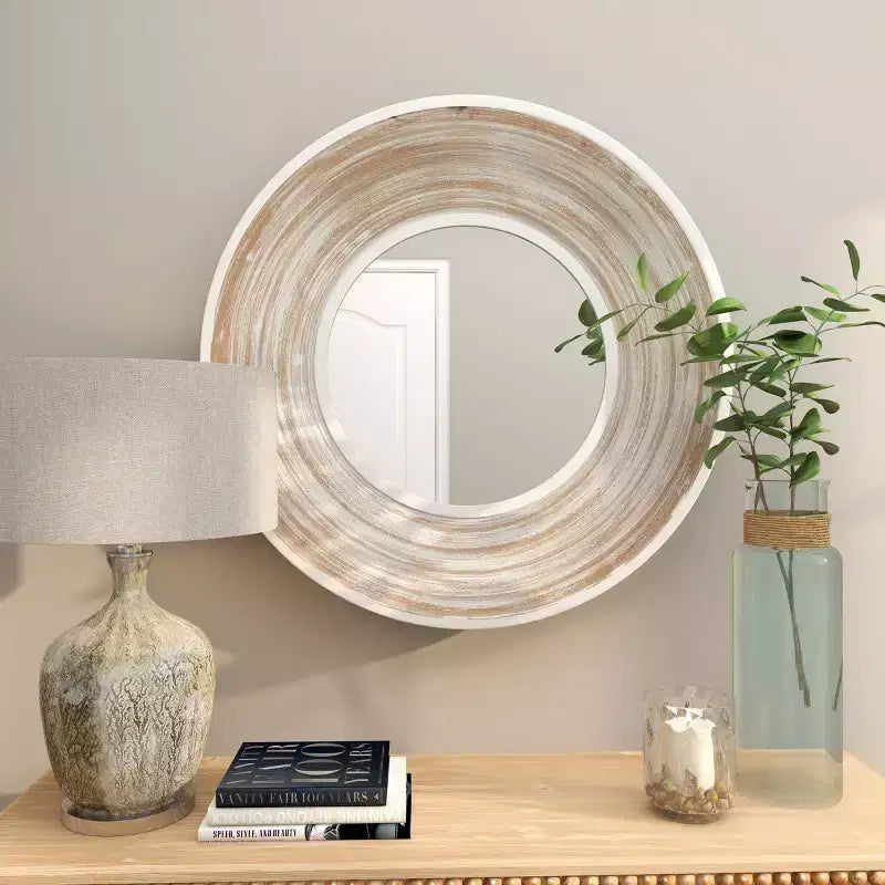 Miroir mural en bois 35x35 avec effet blanchi crème - Olivia & May : Aucun assemblage, cadre en MDF, usage intérieur