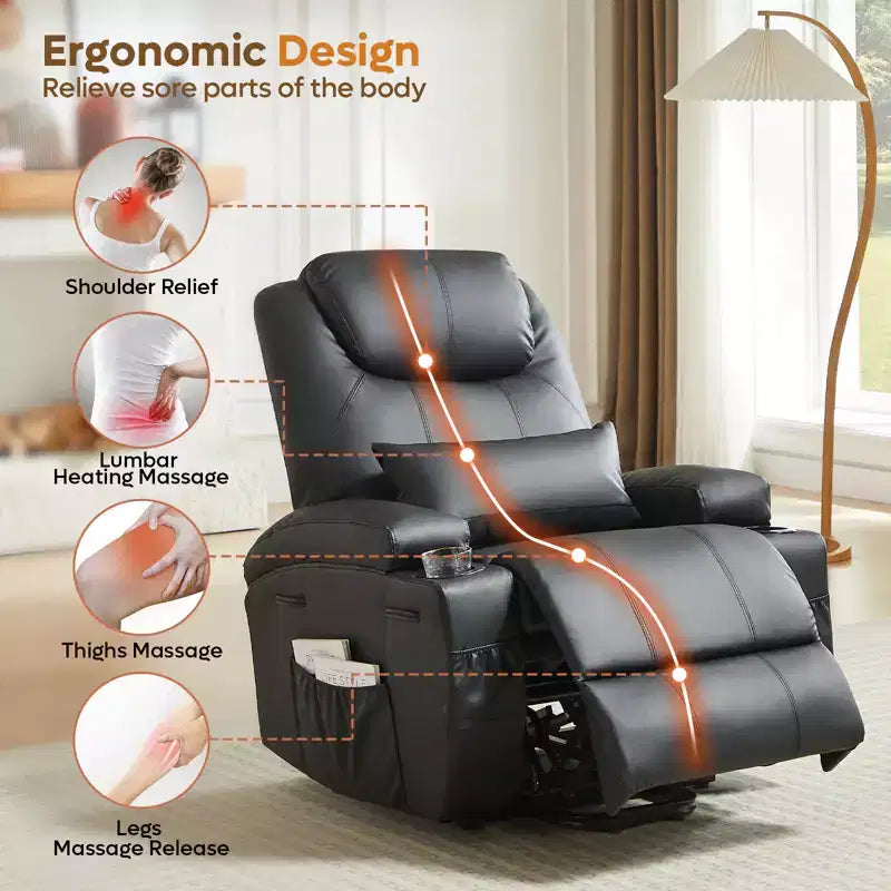 Fauteuil inclinable électrique avec fonction releveur, massage et chauffage Bestier 34,6 po, fauteuil inclinable en similicuir avec poches latérales et porte-gobelets