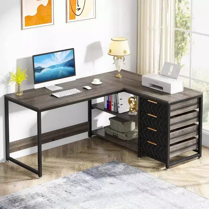 Bureau d'angle en L réversible de 59 po avec tiroirs de rangement, gris