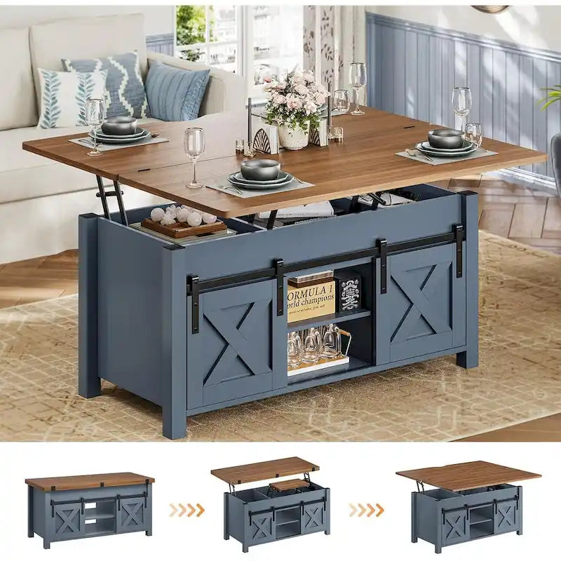 Table basse relevable 2 portes coulissantes style grange Table à manger avec rangement