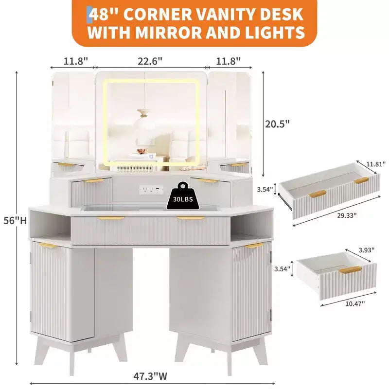Coiffeuse d'angle 47 po avec miroir et lumière, table de maquillage en bois avec plateau en verre et station de charge, coiffeuse pour chambre à coucher