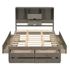 Lit moderne queen size gris en bois avec tête de lit de rangement et 8 tiroirs