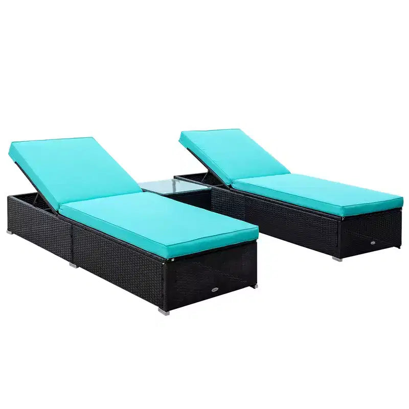 Ensemble de 2 chaises longues avec dossier réglable sur 5 positions, table basse d'extérieur, coussins déperlants, chaises de piscine en rotin PE
