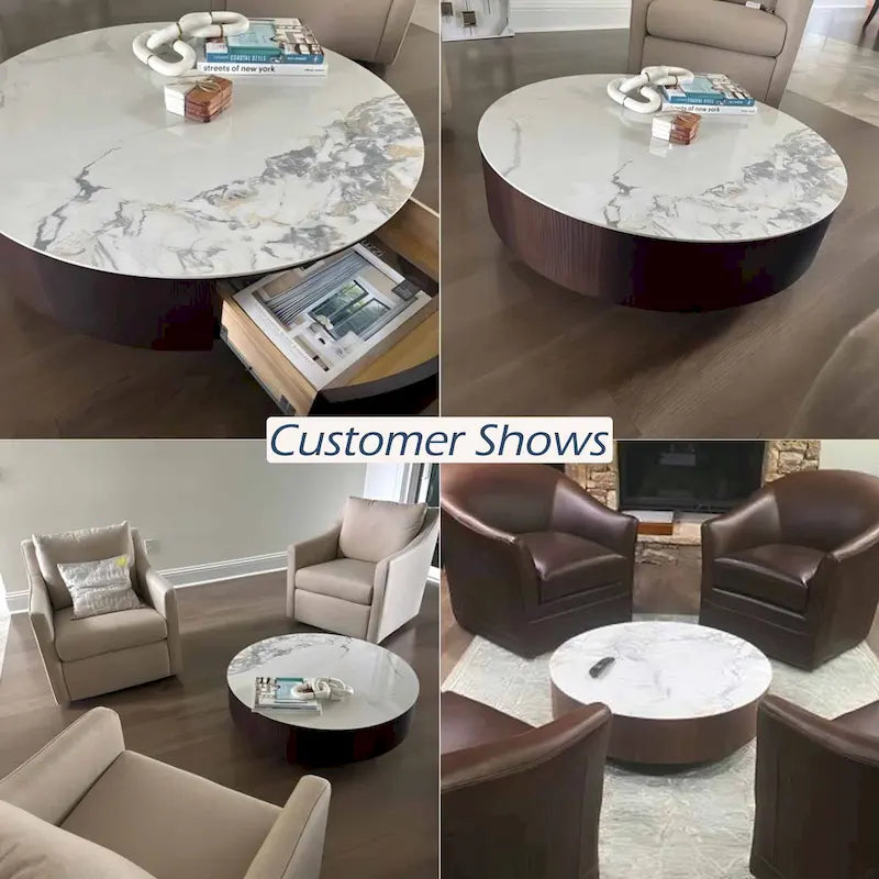 Table basse ronde moderne en faux marbre 35 po, plateau en pierre frittée blanche brillante, table du milieu du siècle avec tiroir en bois massif