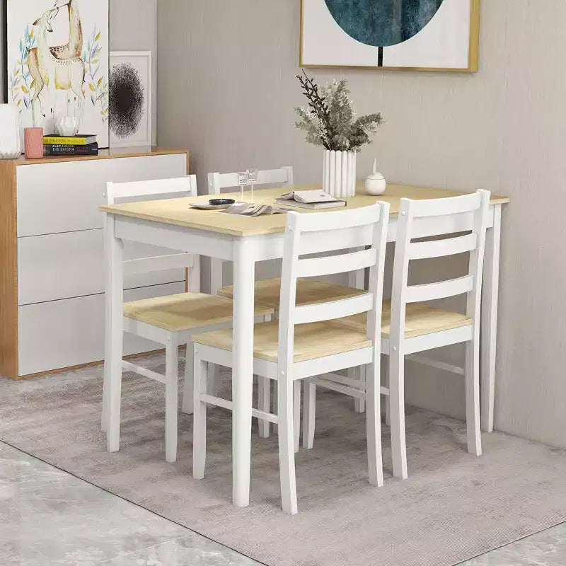 Costway Ensemble repas 5 pièces Bois massif Mobilier de cuisine avec table rectangulaire et 4 chaises Naturel/Café/Gris