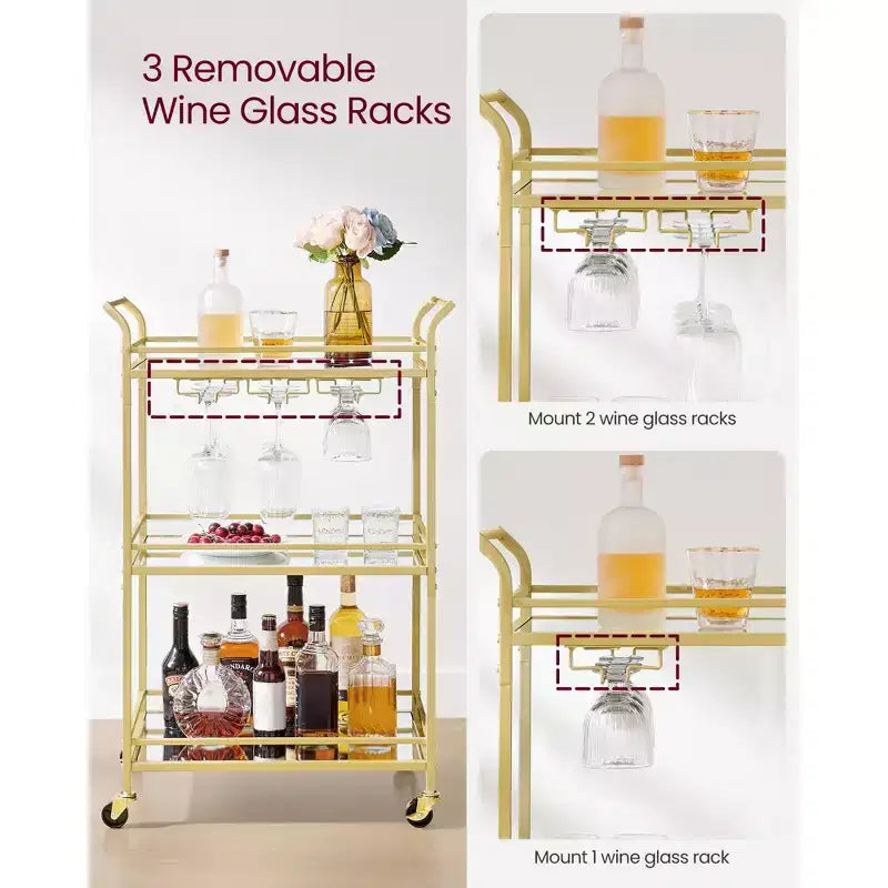 Chariot de bar, Desserte de bar à domicile, Petit chariot de bar avec étagère à 3 niveaux, Range-bouteilles, Porte-verres, Chariot de bar, 38 x 60 x 92 cm