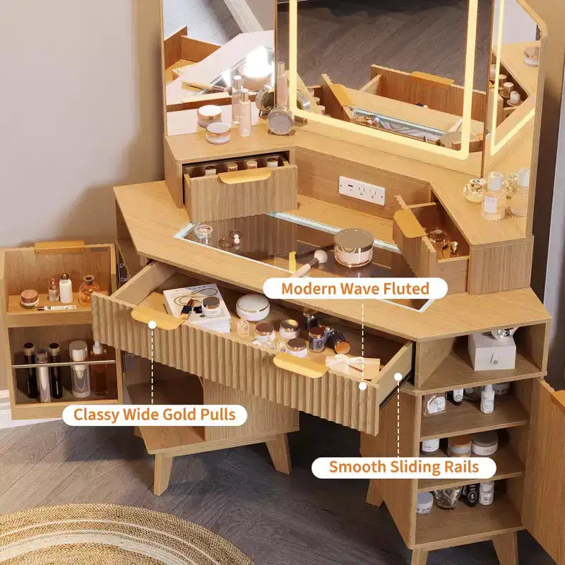 Coiffeuse d'angle 47 po avec miroir et lumière, table de maquillage en bois avec plateau en verre et station de charge, coiffeuse pour chambre à coucher