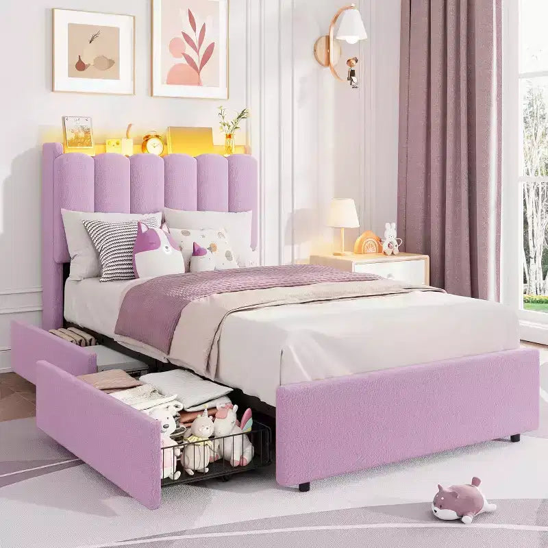 Cadre de lit avec tête de lit de rangement, cadre de lit pour enfant avec 2 tiroirs, lit plateforme capitonné en tissu, tête de lit profilée avec bibliothèque