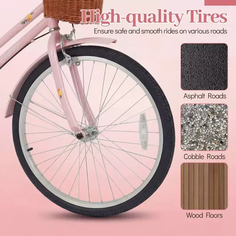 Vélo de ville Gymax Beach Cruiser 24 pouces avec selle réglable, panier tressé et porte-bagages arrière