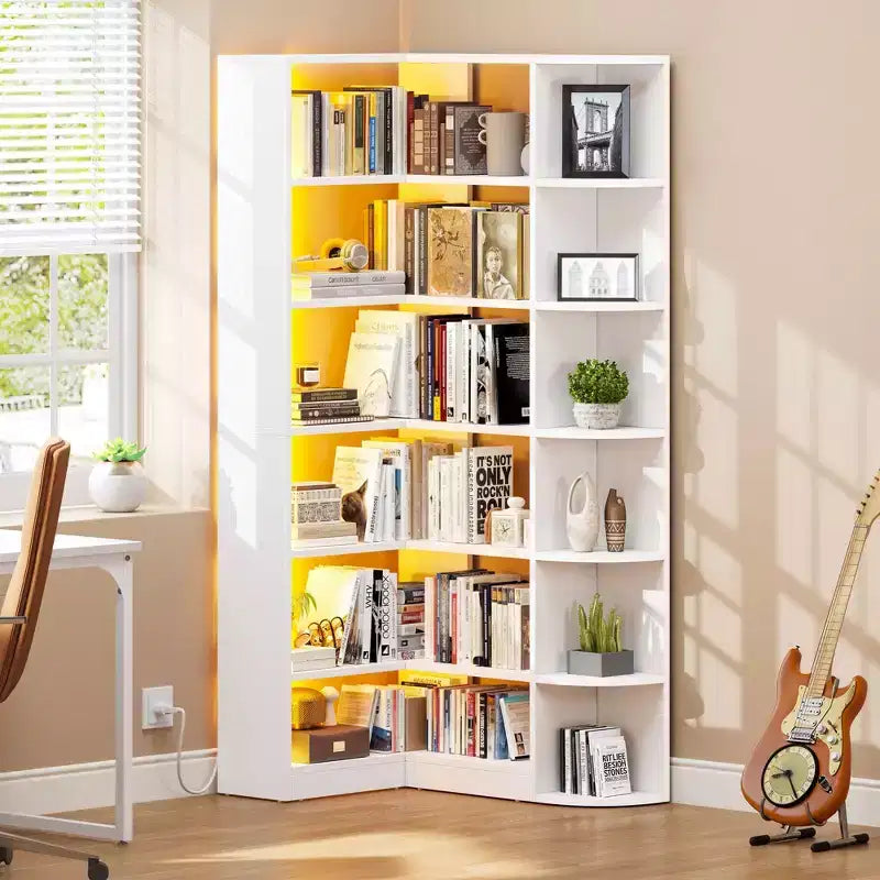 Étagère à 6 niveaux avec lumière LED, bibliothèque moderne de 180 cm, étagère d'angle en forme de L, meuble de rangement et de présentation.