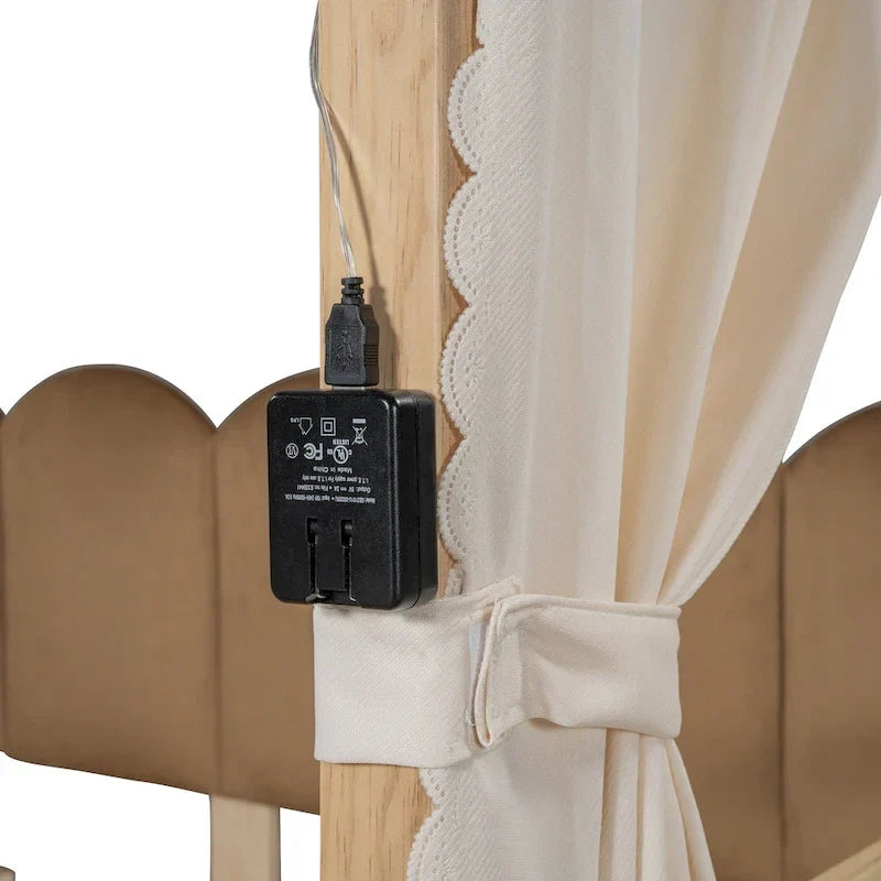 Lit cabane Montessori en bois massif avec plateforme, toit voûté et lit gigogne pour filles et garçons