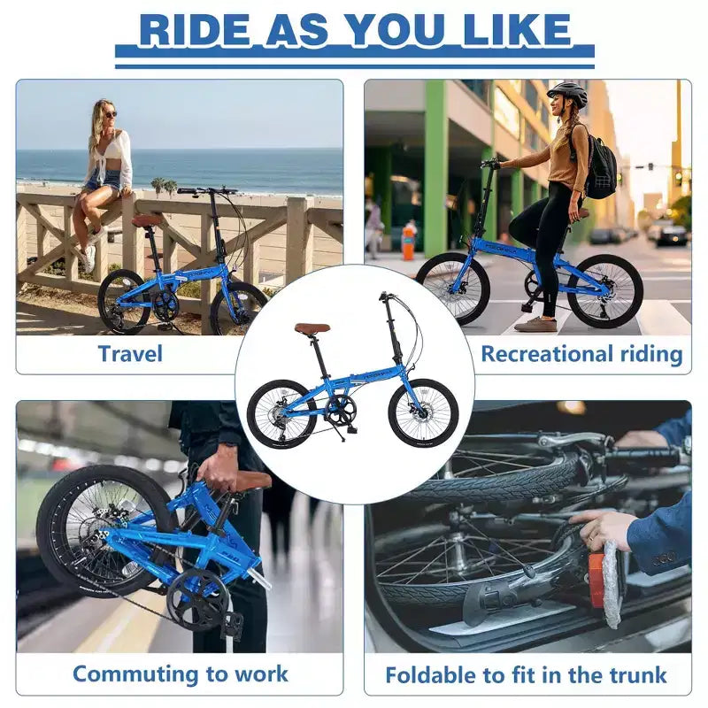 Vélo pliant de ville NAYSAYE 20 pouces, cadre léger en aluminium 7 vitesses pour les trajets quotidiens et les voyages, bleu, 57.09*24.8*39.37