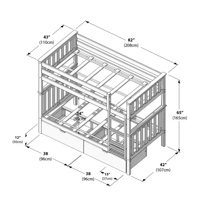 Lit superposé en bois massif pour enfants avec tiroirs de rangement