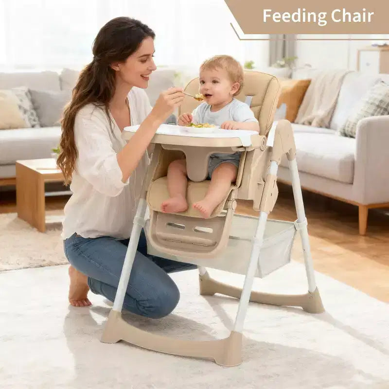 Chaise haute pliable pour bébés et tout-petits, chaise haute en cuir PU avec dossier réglable, hauteur d'assise, plateau amovible, harnais de sécurité 5 points et roues verrouillables