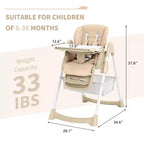 Chaise haute pliable pour bébés et tout-petits, chaise haute en cuir PU avec dossier réglable, hauteur d'assise, plateau amovible, harnais de sécurité 5 points et roues verrouillables
